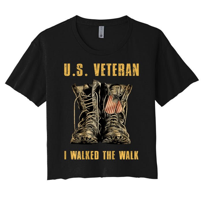 US Veteran I Walked The Walk Combat Boots Dogtag USA Flag Women's Crop Top Tee