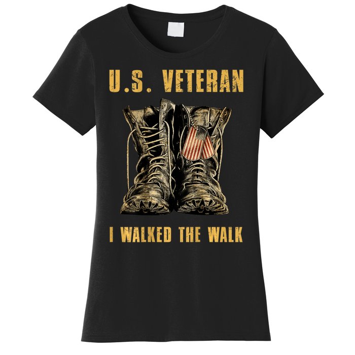 US Veteran I Walked The Walk Combat Boots Dogtag USA Flag Women's T-Shirt