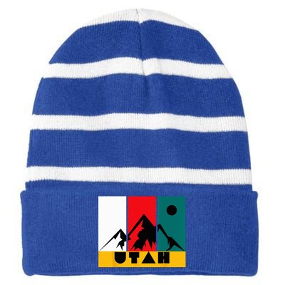 Utah Vintage Logo Park City Utah Retro Skiing Striped Beanie with Solid Band