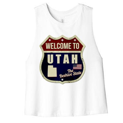 Utah Vintage Metal Road Sign Logo Women's Racerback Cropped Tank