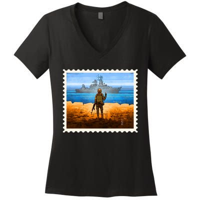 Ukraine Vs Russian Warship Stamp Women's V-Neck T-Shirt