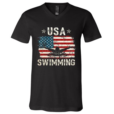 Usa Vintage Swimming Team Retro Support Usa V-Neck T-Shirt