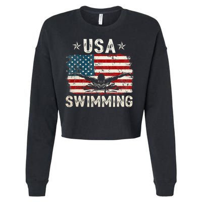 Usa Vintage Swimming Team Retro Support Usa Cropped Pullover Crew