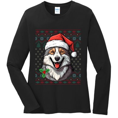 Ugly Wolf Christmas Gift Wolf Lover Santa Hat Xmas Winter Ladies Long Sleeve Shirt