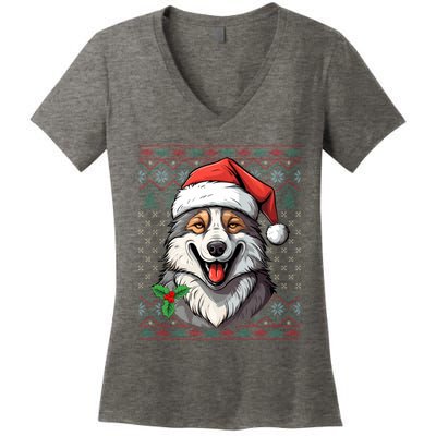 Ugly Wolf Christmas Gift Wolf Lover Santa Hat Xmas Winter Women's V-Neck T-Shirt