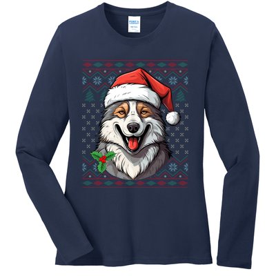 Ugly Wolf Christmas Gift Wolf Lover Santa Hat Xmas Winter Ladies Long Sleeve Shirt