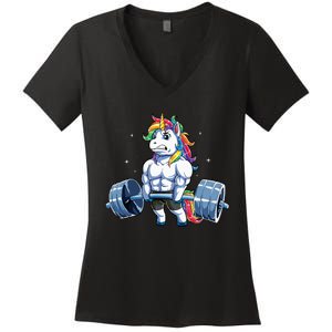 Unicorn Weightlifting Deadlift Fitness Gym Women Women's V-Neck T-Shirt