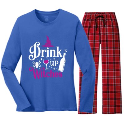 Up Witches Gift Funny Wine Lover Ing Halloween Meaningful Gift Women's Long Sleeve Flannel Pajama Set 