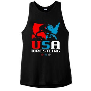 Usa Wrestling Independence Day American Flag Wrestler Sports Ladies PosiCharge Tri-Blend Wicking Tank