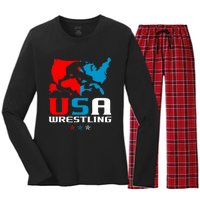 Usa Wrestling Independence Day American Flag Wrestler Sports Women's Long Sleeve Flannel Pajama Set 