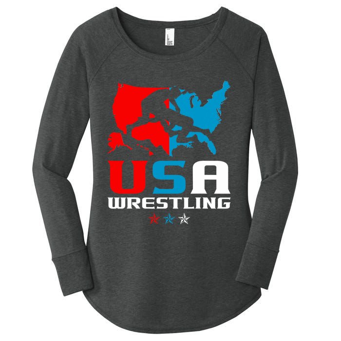 Usa Wrestling Independence Day American Flag Wrestler Sports Women's Perfect Tri Tunic Long Sleeve Shirt