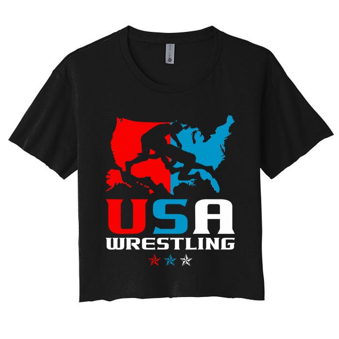 Usa Wrestling Independence Day American Flag Wrestler Sports Women's Crop Top Tee