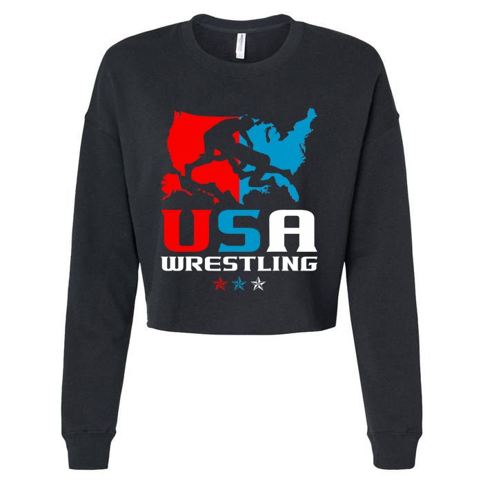 Usa Wrestling Independence Day American Flag Wrestler Sports Cropped Pullover Crew