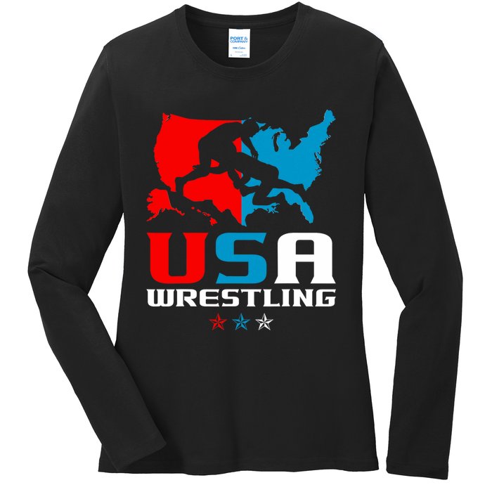 Usa Wrestling Independence Day American Flag Wrestler Sports Ladies Long Sleeve Shirt