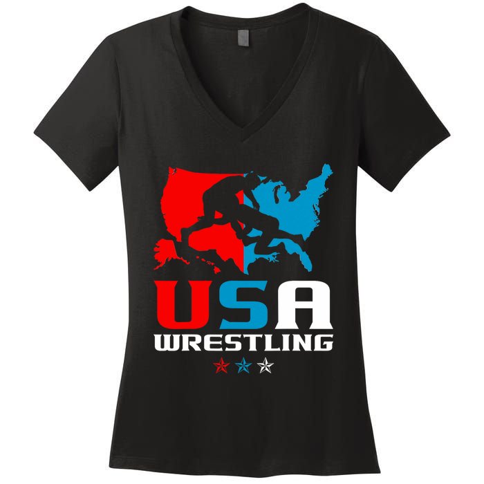 Usa Wrestling Independence Day American Flag Wrestler Sports Women's V-Neck T-Shirt