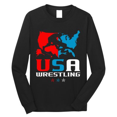 Usa Wrestling Independence Day American Flag Wrestler Sports Long Sleeve Shirt