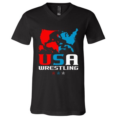 Usa Wrestling Independence Day American Flag Wrestler Sports V-Neck T-Shirt