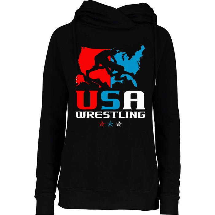 Usa Wrestling Independence Day American Flag Wrestler Sports Womens Funnel Neck Pullover Hood