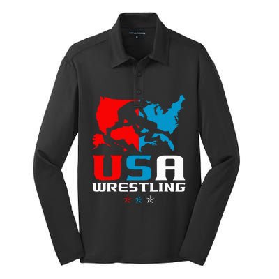 Usa Wrestling Independence Day American Flag Wrestler Sports Silk Touch Performance Long Sleeve Polo