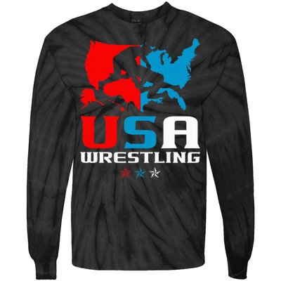 Usa Wrestling Independence Day American Flag Wrestler Sports Tie-Dye Long Sleeve Shirt