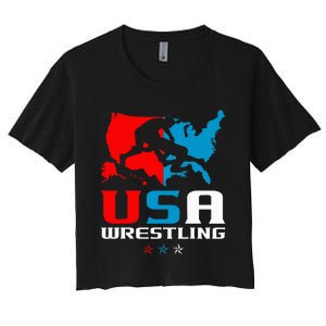 Usa Wrestling Independence Day American Flag Wrestler Sports Women's Crop Top Tee