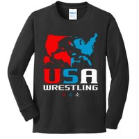 Usa Wrestling Independence Day American Flag Wrestler Sports Kids Long Sleeve Shirt