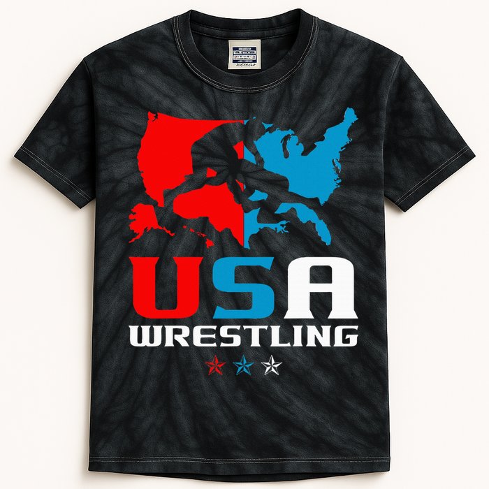 Usa Wrestling Independence Day American Flag Wrestler Sports Kids Tie-Dye T-Shirt