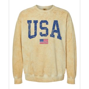 USA Wo Patriotic American Flag Distressed Colorblast Crewneck Sweatshirt