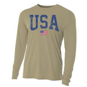 USA Wo Patriotic American Flag Distressed Cooling Performance Long Sleeve Crew