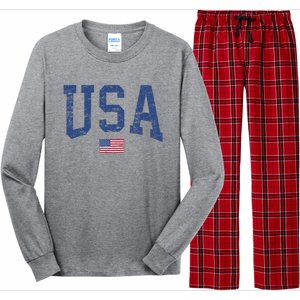 USA Wo Patriotic American Flag Distressed Long Sleeve Pajama Set