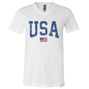 USA Wo Patriotic American Flag Distressed V-Neck T-Shirt