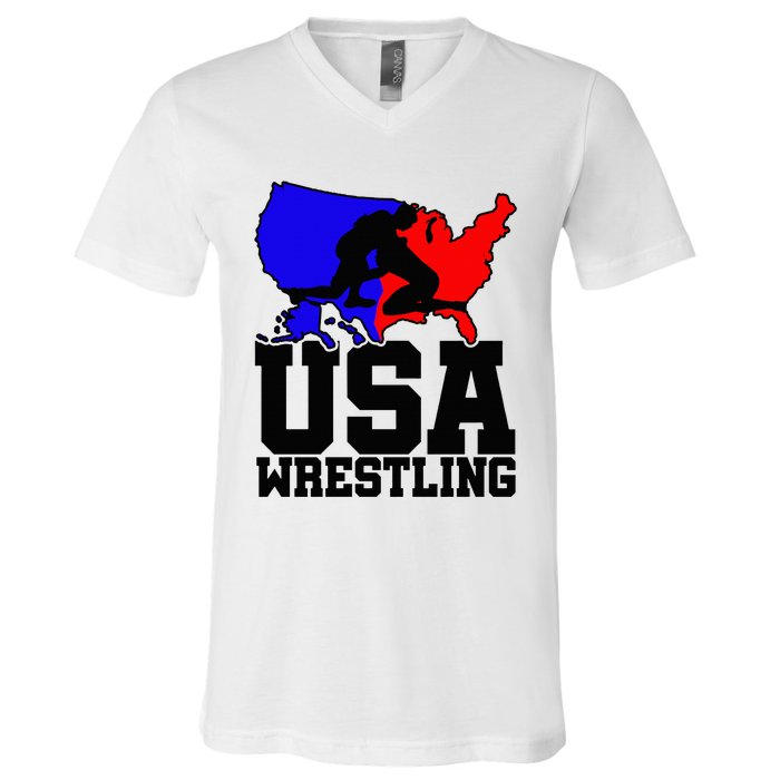 Usa Wrestling Patriotic American Flag Sports Wrestling V-Neck T-Shirt