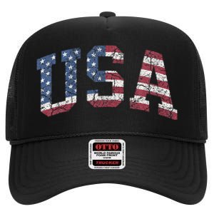 USA Wo Patriotic American Flag Distressed High Crown Mesh Back Trucker Hat