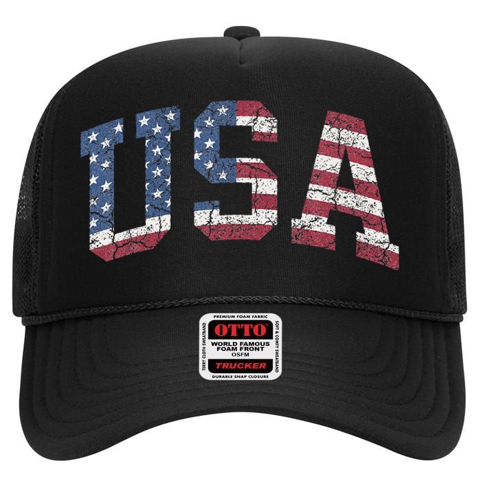 USA Wo Patriotic American Flag Distressed High Crown Mesh Back Trucker Hat