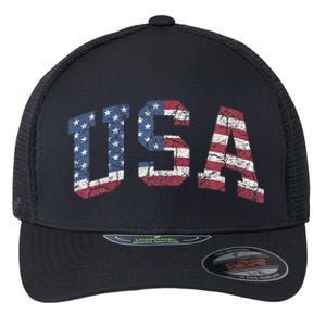 USA Wo Patriotic American Flag Distressed Flexfit Unipanel Trucker Cap