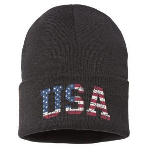 USA Wo Patriotic American Flag Distressed Sustainable Knit Beanie