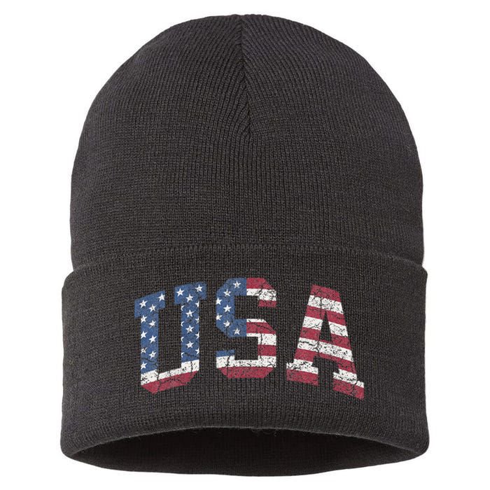 USA Wo Patriotic American Flag Distressed Sustainable Knit Beanie