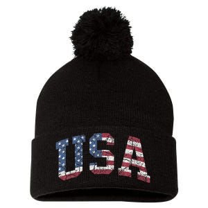 USA Wo Patriotic American Flag Distressed Pom Pom 12in Knit Beanie