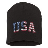 USA Wo Patriotic American Flag Distressed Short Acrylic Beanie