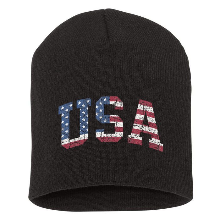 USA Wo Patriotic American Flag Distressed Short Acrylic Beanie