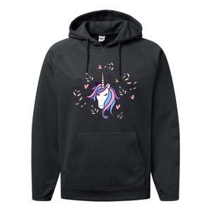 Unicorn with Pink Hearts and Diamonds Magical Unicorn Performance Fleece Hoodie