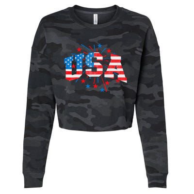 USA Women Patriotic American Flag 4th Of July Cropped Pullover Crew