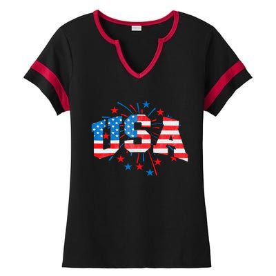 USA Women Patriotic American Flag 4th Of July Ladies Halftime Notch Neck Tee