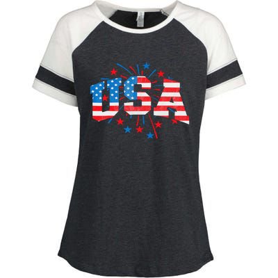 USA Women Patriotic American Flag 4th Of July Enza Ladies Jersey Colorblock Tee