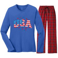 USA Women Patriotic American Flag 4th Of July Women's Long Sleeve Flannel Pajama Set 