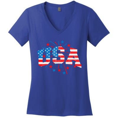 USA Women Patriotic American Flag 4th Of July Women's V-Neck T-Shirt