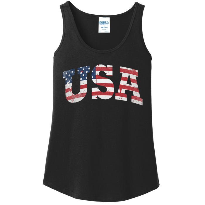 USA Wo Patriotic American Flag Distressed Ladies Essential Tank