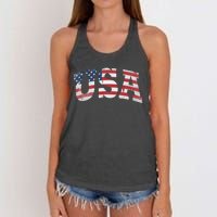 USA Wo Patriotic American Flag Distressed Women's Knotted Racerback Tank