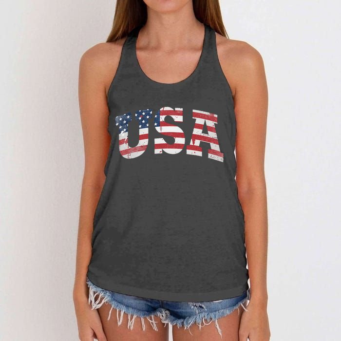 USA Wo Patriotic American Flag Distressed Women's Knotted Racerback Tank