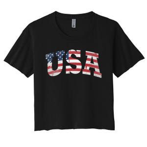 USA Wo Patriotic American Flag Distressed Women's Crop Top Tee